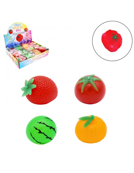 Cuatro frutas splat ball de colores: tomate rojo, naranja, sandía y fresa roja