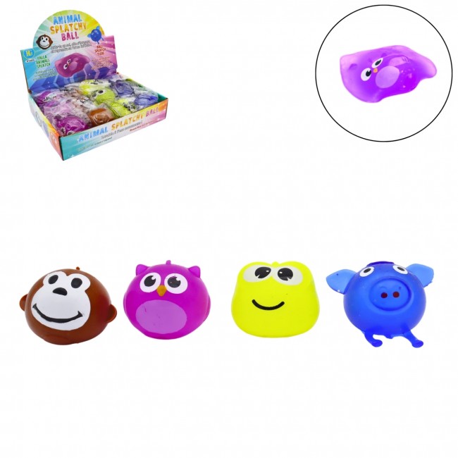 Cuatro animales splat ball: cerdito, búho morado, rana amarilla y mono
