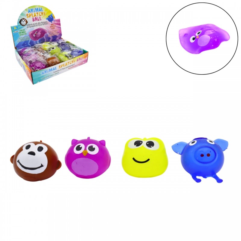 Cuatro animales splat ball: cerdito, búho morado, rana amarilla y mono