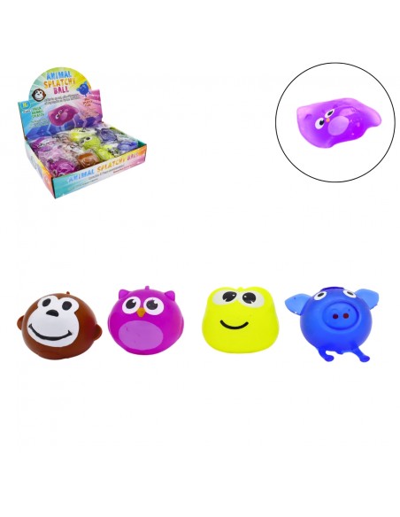 Cuatro animales splat ball: cerdito, búho morado, rana amarilla y mono