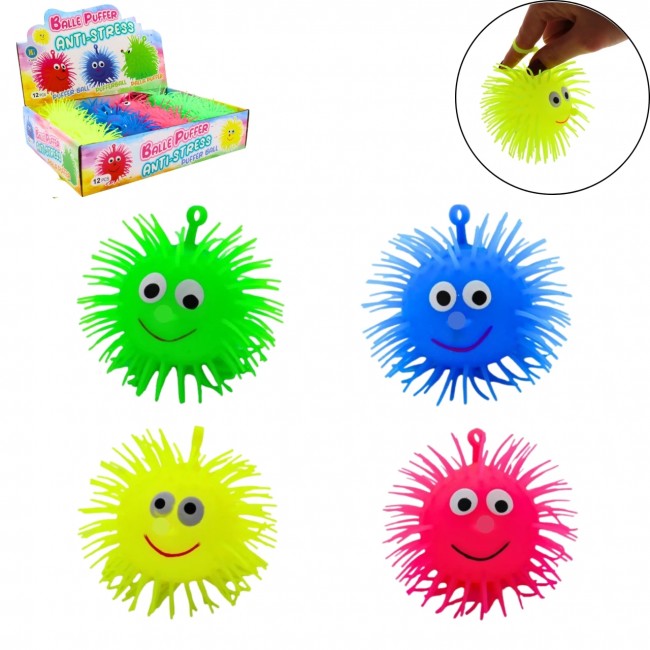 Pelotas antiestrés con púas de colores verde, azul, rosa y amarillo.