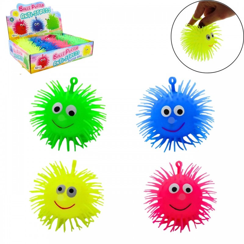 Pelotas antiestrés con púas de colores verde, azul, rosa y amarillo.