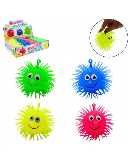 Pelotas antiestrés con púas de colores verde, azul, rosa y amarillo.
