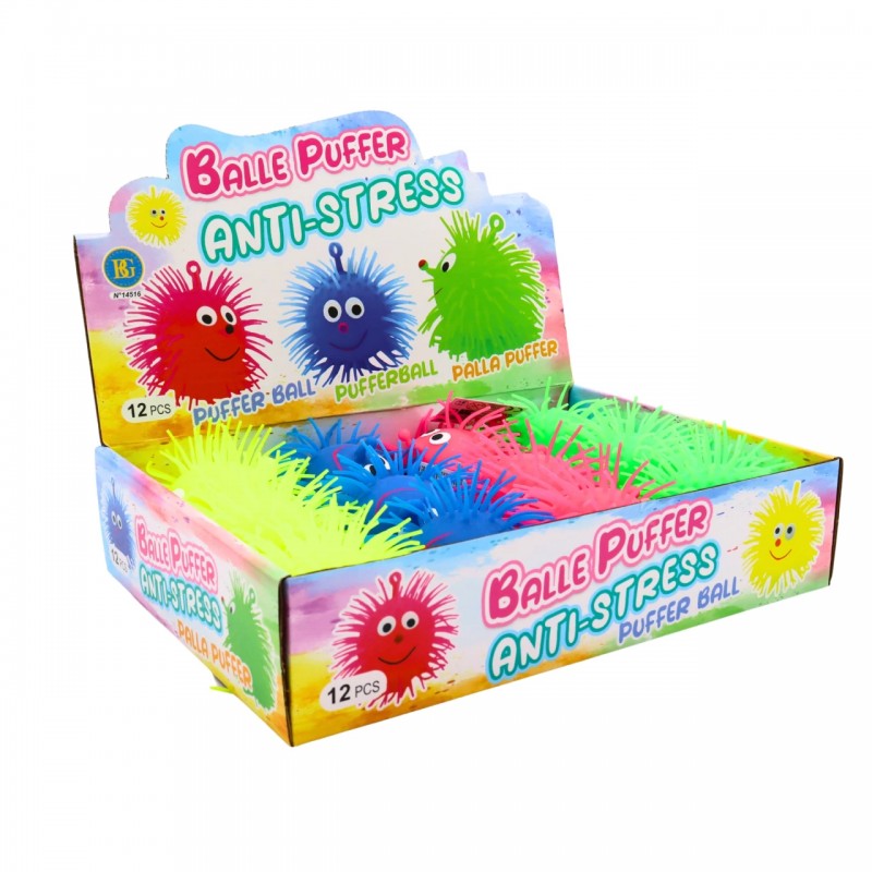 Expositor de 12 unidades de pelotas Puffer Ball antiestrés para tiendas.