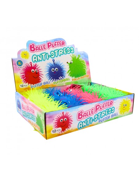 Expositor de 12 unidades de pelotas Puffer Ball antiestrés para tiendas.