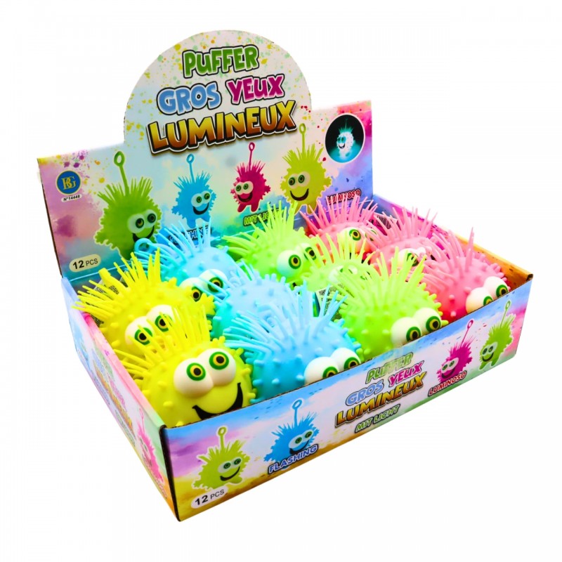 Caja expositora de 12 pelotas Puffer Ball luminosas para tiendas.