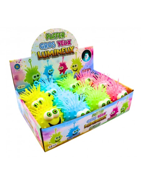 Caja expositora de 12 pelotas Puffer Ball luminosas para tiendas.