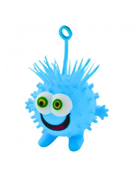 Pelota elástica azul con cara de monstruo y anillo de sujeción elástico.