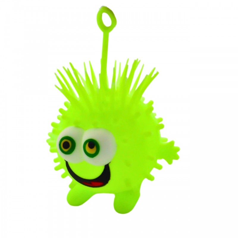 Juguete sensorial elástico de color verde neón con ojos grandes y anillo.