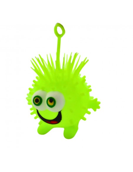 Juguete sensorial elástico de color verde neón con ojos grandes y anillo.