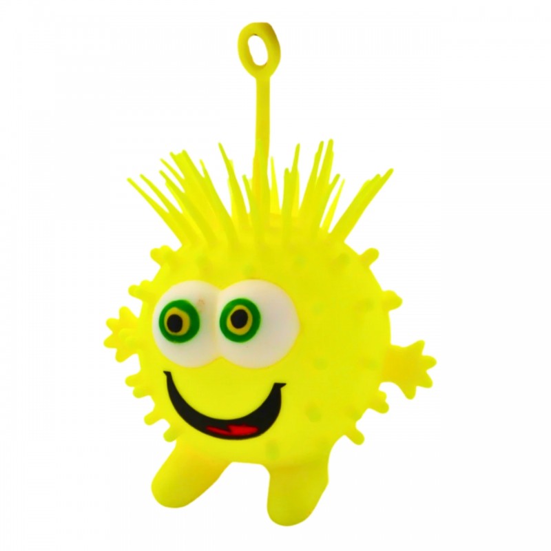 Pelota erizo luminosa color amarillo con diseño divertido de ojos saltones.