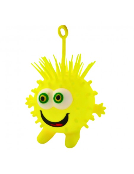 Pelota erizo luminosa color amarillo con diseño divertido de ojos saltones.