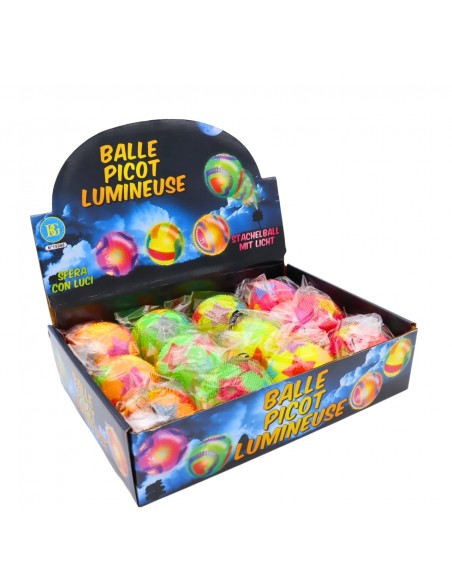 Caja expositora de 12 unidades de pelotas rebotadoras con luz.