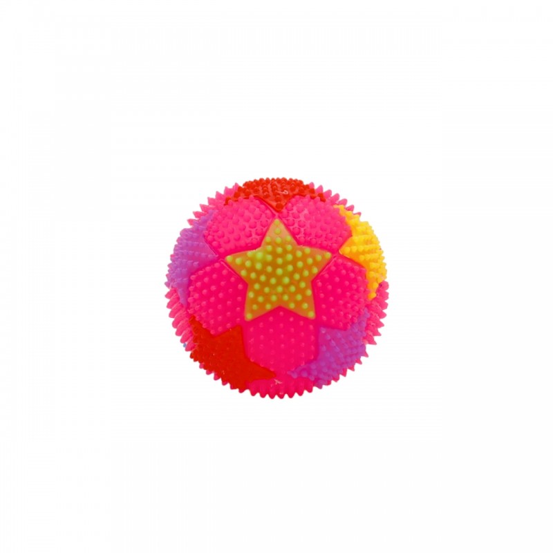 Pelota saltarina rosa translúcida con luz LED activada.