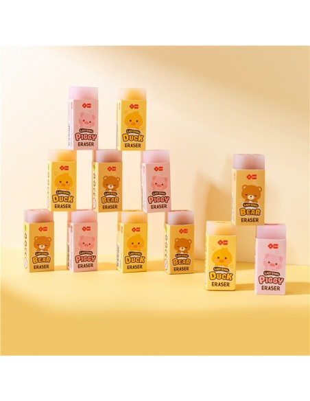 Gomas de borrar con forma de patito amarillo, cerdito rosa y osito azul.