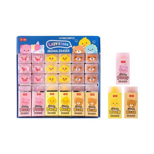 Expositor con 36 unidades de gomas de borrar de animales variados.
