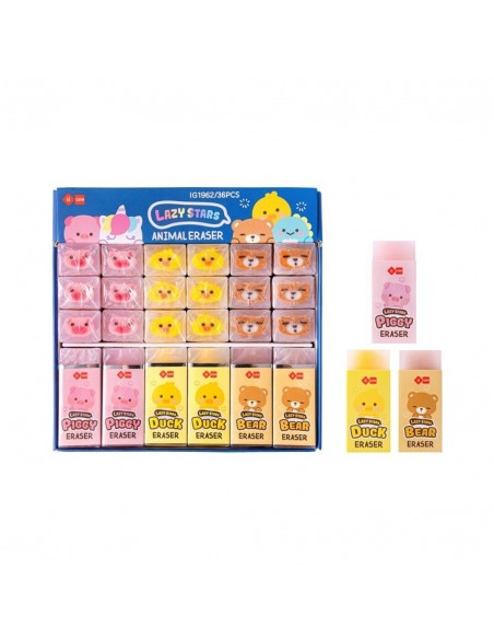Expositor con 36 unidades de gomas de borrar de animales variados.