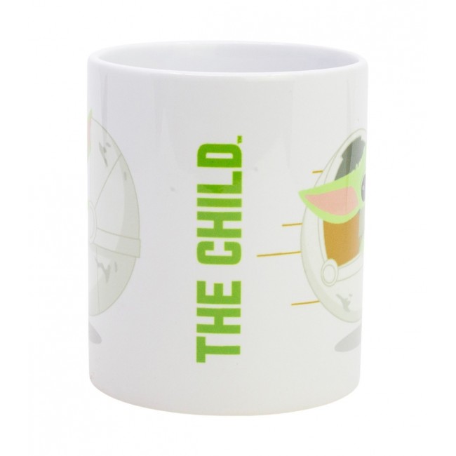 Primer plano de taza blanca de Star Wars con ilustración de Grogu (The Child) y el texto oficial The Mandalorian. 2