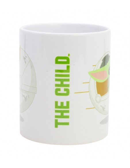 Primer plano de taza blanca de Star Wars con ilustración del texto The Child