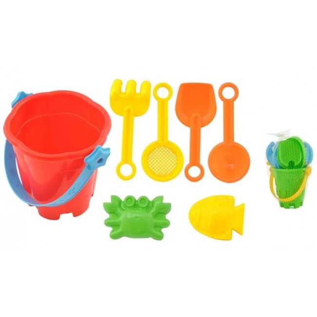 Set conjunto de playa: cubo, palas, rastrillos y moldes arena