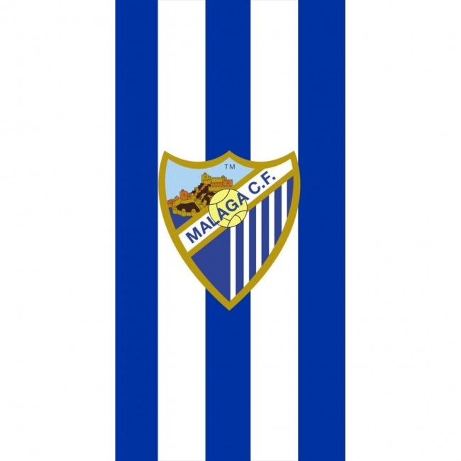 Toalla oficial de microfibra del Málaga CF de 140x70 cm con franjas blanquiazules y escudo.