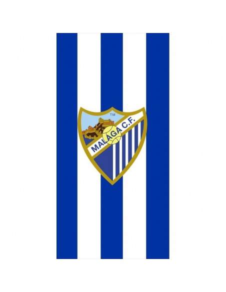 Toalla oficial de microfibra del Málaga CF de 140x70 cm con franjas blanquiazules y escudo.