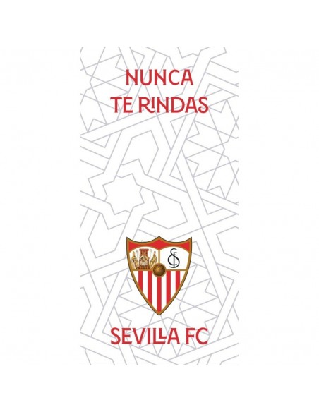 Toalla oficial de microfibra del Sevilla FC 140x70 cm con escudo y lema Nunca Te Rindas