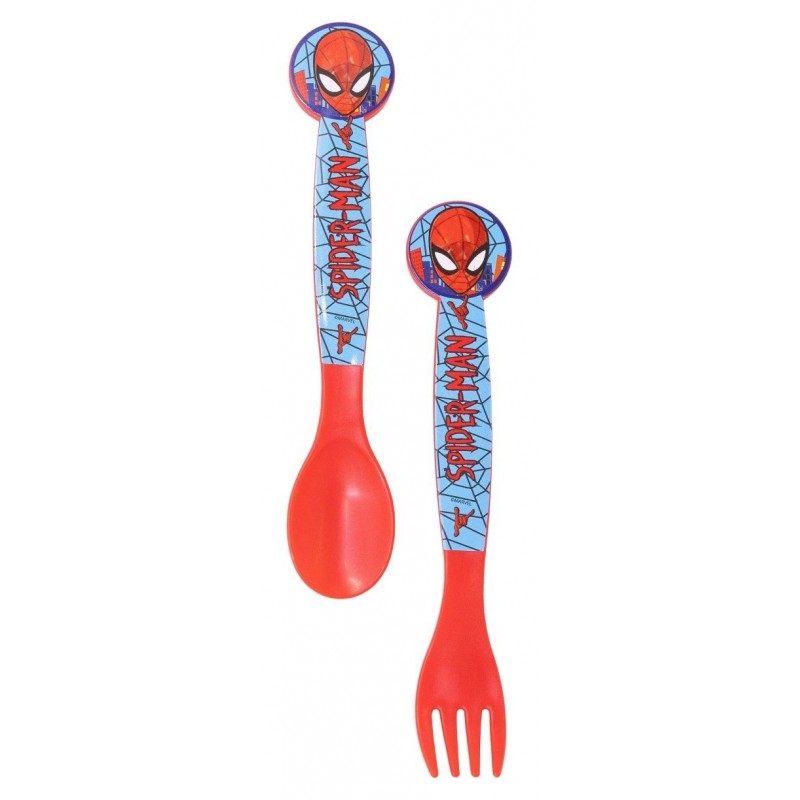 Set de dos cubiertos infantiles de plástico de Spiderman de Marvel con cuchara y tenedor en color rojo y azul.