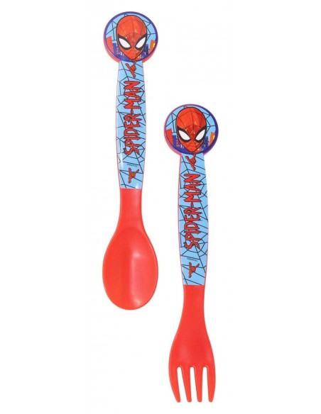 Set de dos cubiertos infantiles de plástico de Spiderman de Marvel con cuchara y tenedor en color rojo y azul.
