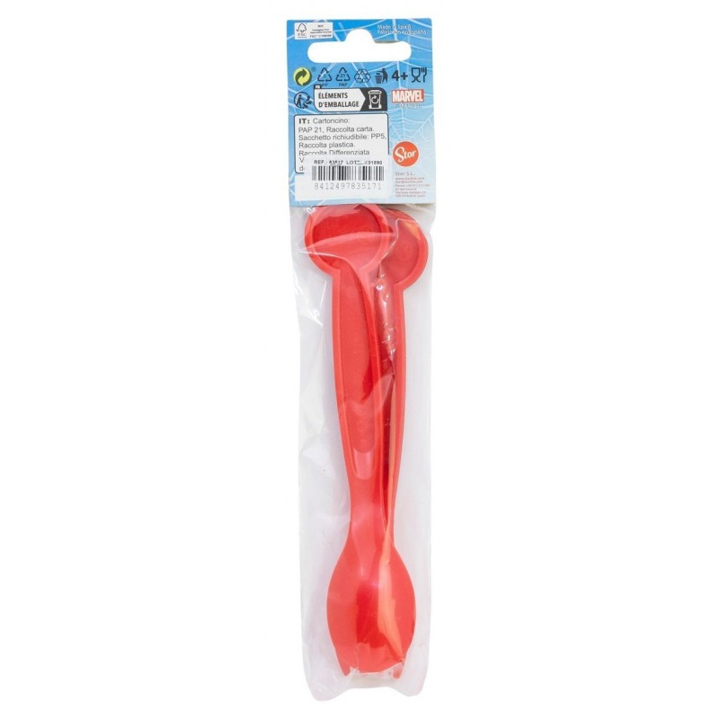 Parte trasera del empaque de los cubiertos de Spiderman con sello de calidad del fabricante Stor e instrucciones de reciclaje.