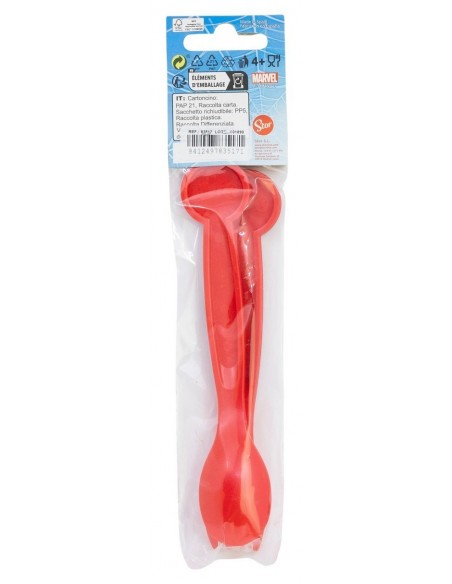 Parte trasera del empaque de los cubiertos de Spiderman con sello de calidad del fabricante Stor e instrucciones de reciclaje.