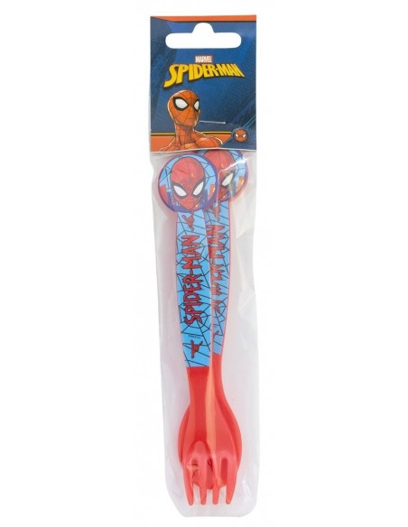 Set de cuchara y tenedor infantiles de Spiderman listos en su blíster de plástico oficial de Marvel.