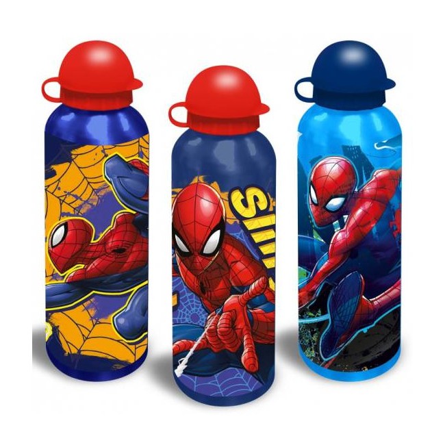 Surtido completo de los tres modelos de botellas de aluminio de Spiderman de 500 ml oficiales de Marvel para niños.
