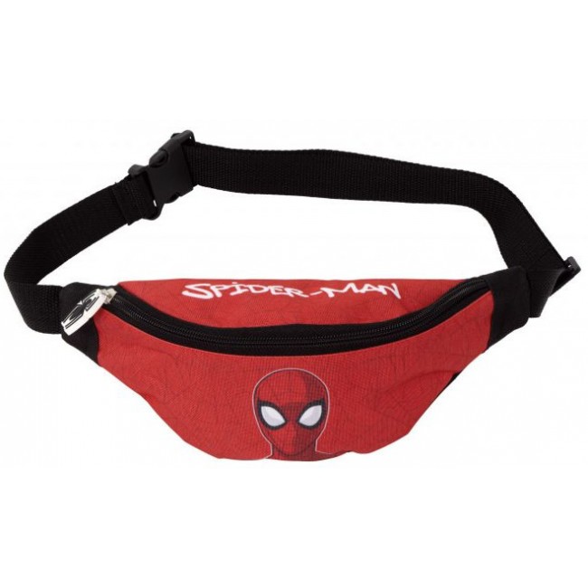 Vista de frente de la riñonera infantil de Spiderman de color rojo con correa ajustable negra.