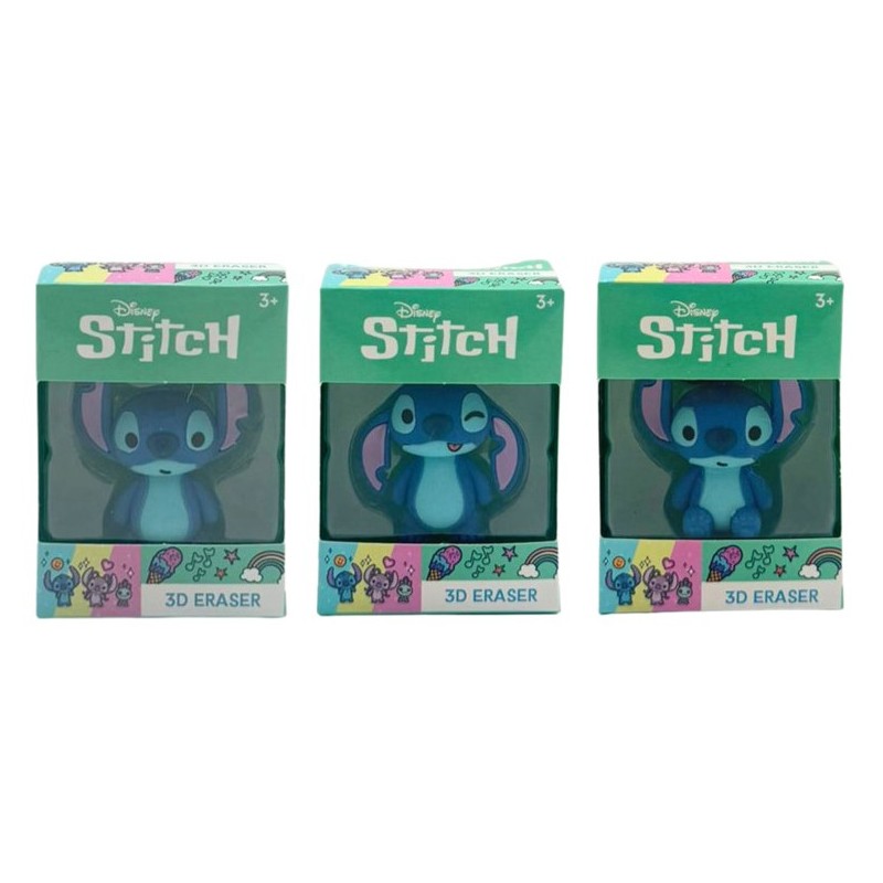 Tres cajas individuales con gomas de borrar 3D de Stitch en diferentes poses oficial Disney.