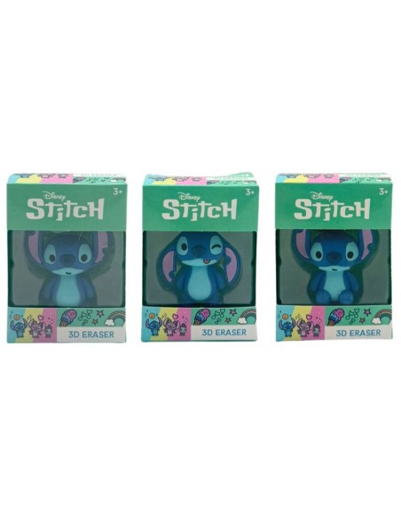 Tres cajas individuales con gomas de borrar 3D de Stitch en diferentes poses oficial Disney.