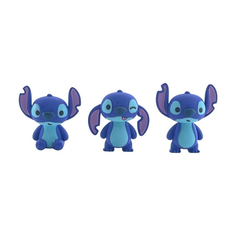 Tres gomas de borrar tridimensionales de Stitch sentado, guiñando un ojo y de pie.