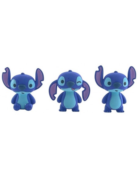 Tres gomas de borrar tridimensionales de Stitch sentado, guiñando un ojo y de pie.