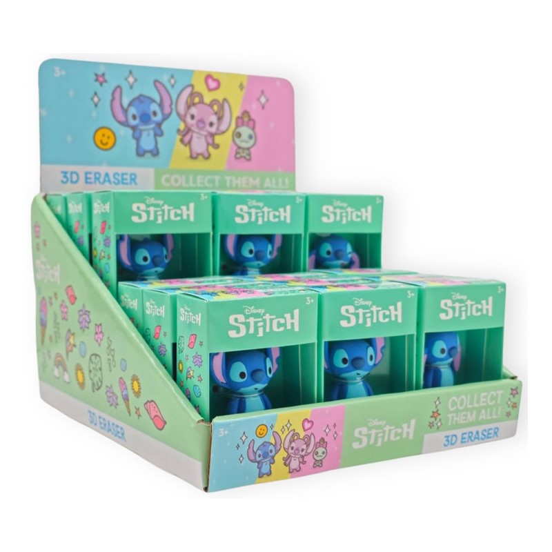 Expositor de mesa con cajitas individuales de gomas de borrar 3D de Stitch Disney.