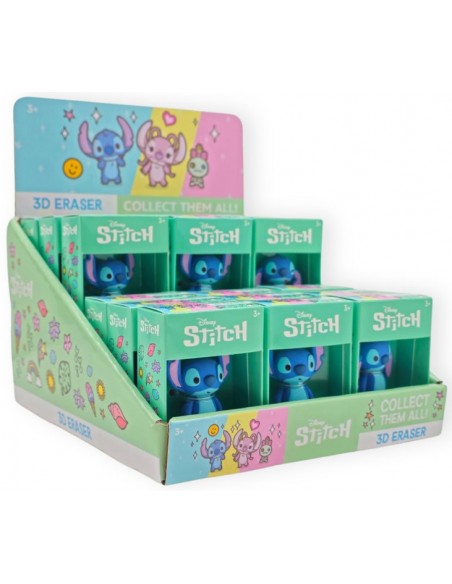 Expositor de mesa con cajitas individuales de gomas de borrar 3D de Stitch Disney.