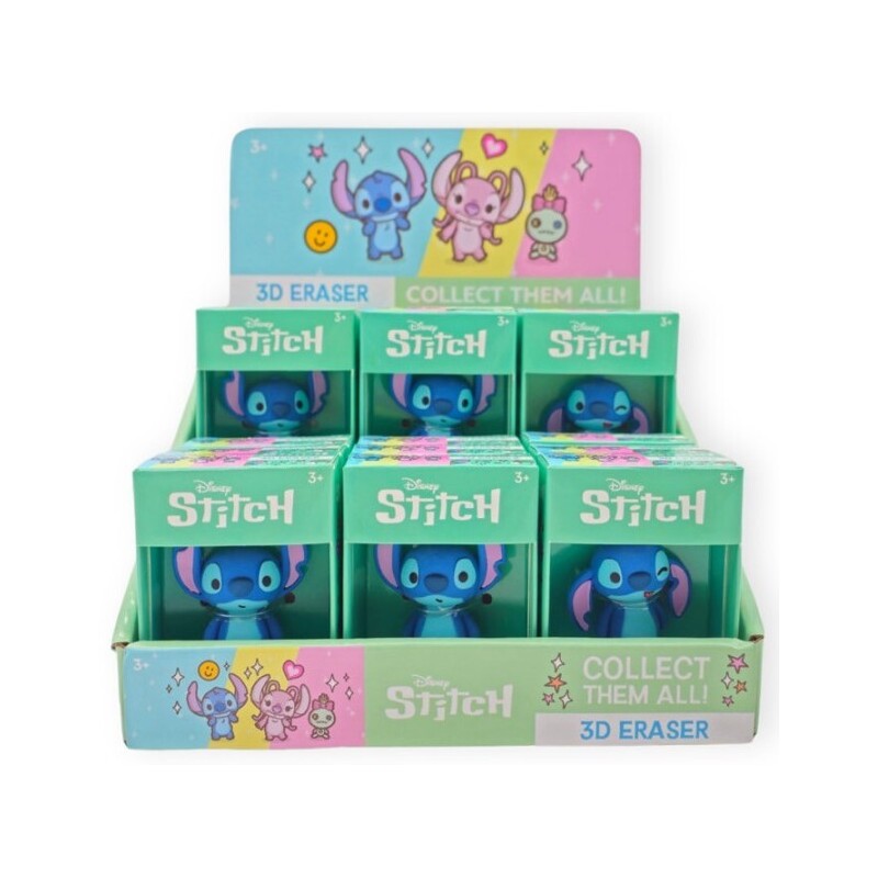 Vista frontal del display expositor con gomas de borrar 3D coleccionables de Stitch.