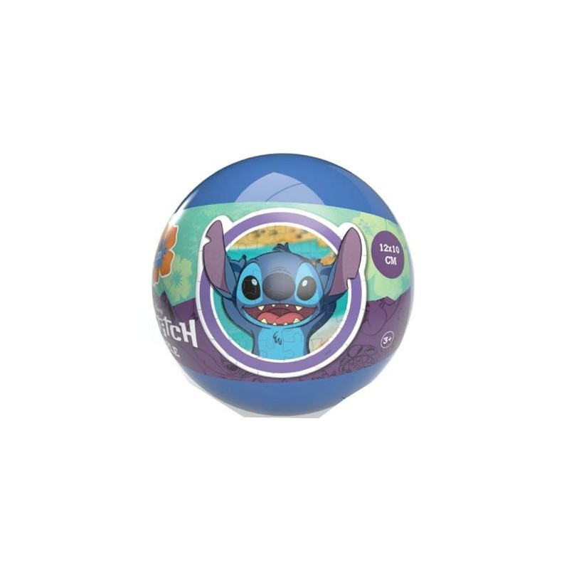 Esfera azul de bola sorpresa con ilustración frontal del puzle de Stitch de 12x10 cm.