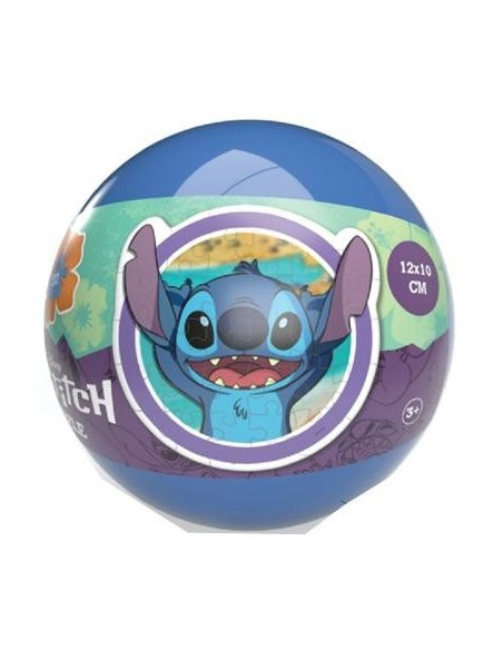 Esfera azul de bola sorpresa con ilustración frontal del puzle de Stitch de 12x10 cm.