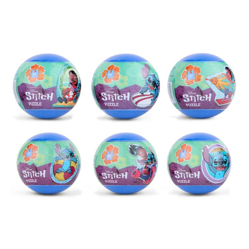 Los 6 modelos coleccionables de bolas sorpresa con puzles de Stitch y Lilo en la playa y surf.