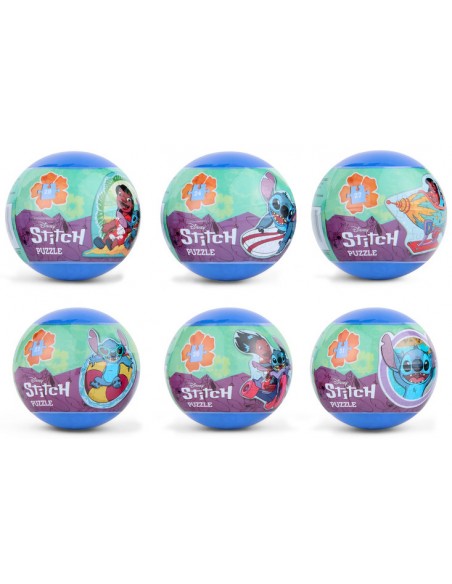 Los 6 modelos coleccionables de bolas sorpresa con puzles de Stitch y Lilo en la playa y surf.