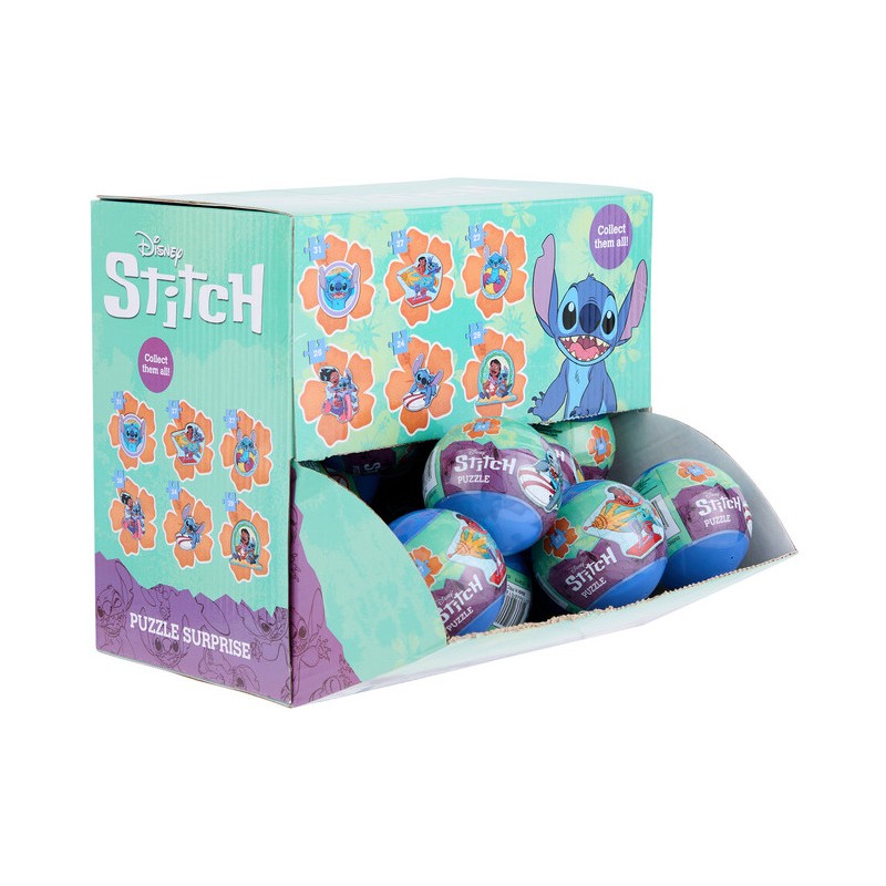 Vista lateral de la caja expositora de tiendas con bolas sorpresa puzle de Stitch Disney.