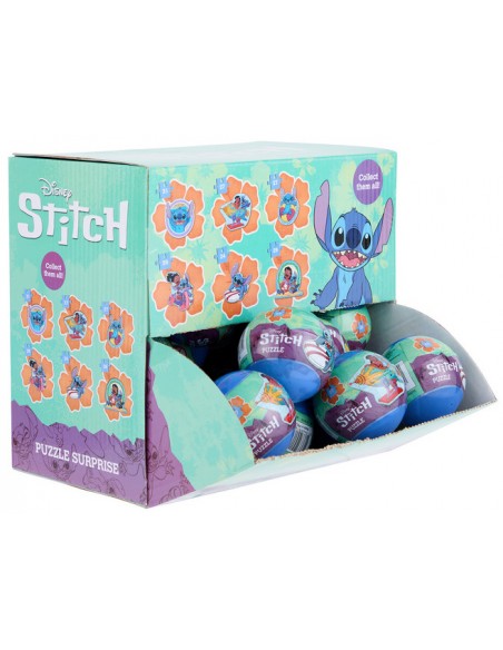 Vista lateral de la caja expositora de tiendas con bolas sorpresa puzle de Stitch Disney.