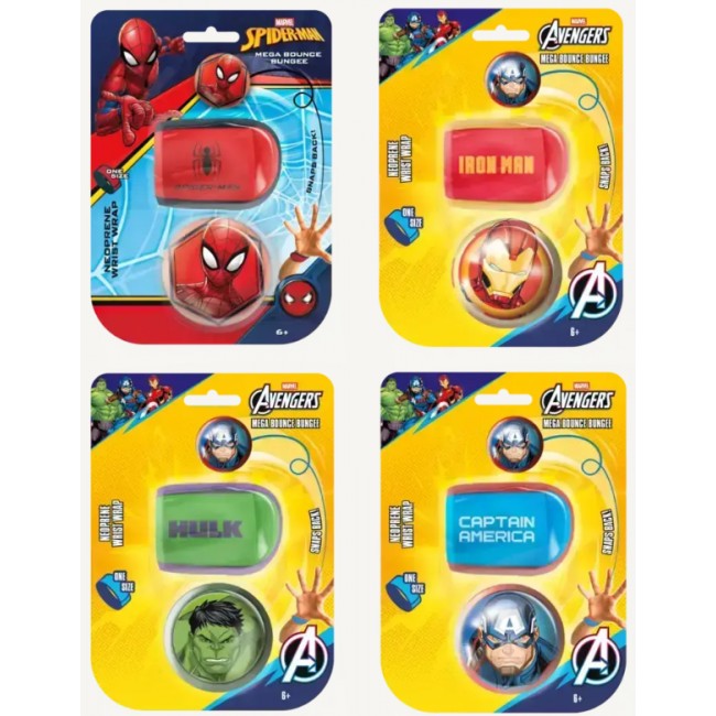 Blísters individuales de pelota con muñequera de retorno Mega Bounce Bungee de Spiderman, Iron Man, Hulk y Capitán América