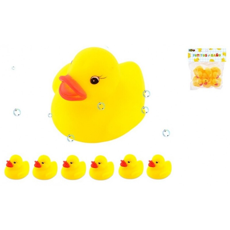 Set de 6 patitos de goma amarillos para el baño infantil en su bolsa de presentación