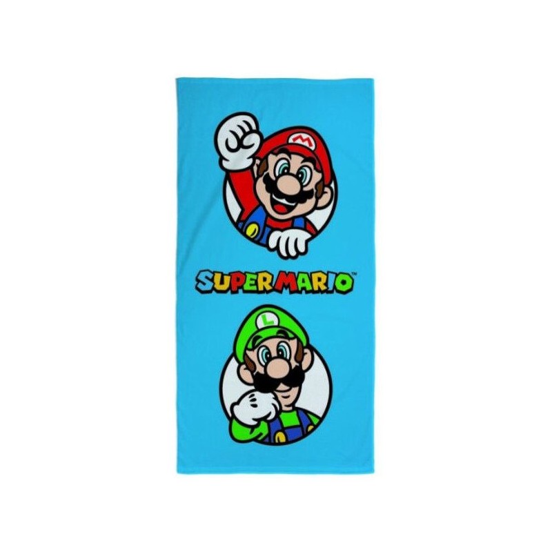 Toalla de playa infantil azul de Super Mario y Luigi en microfibra 140x70 cm oficial Nintendo